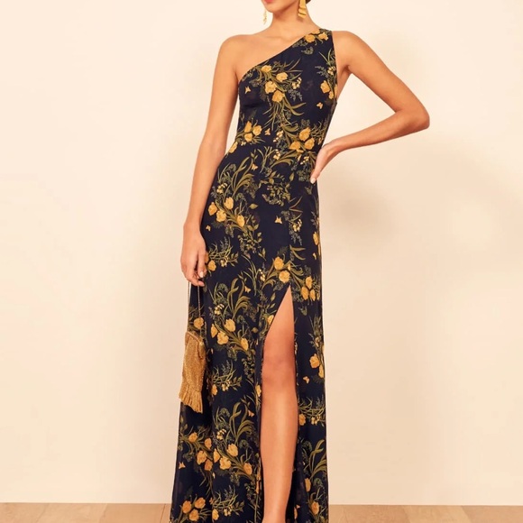 Reformation Dresses & Skirts - NWT Reformation Evelyn One-Shoulder Navy Floral Maxi Dress with High Slit